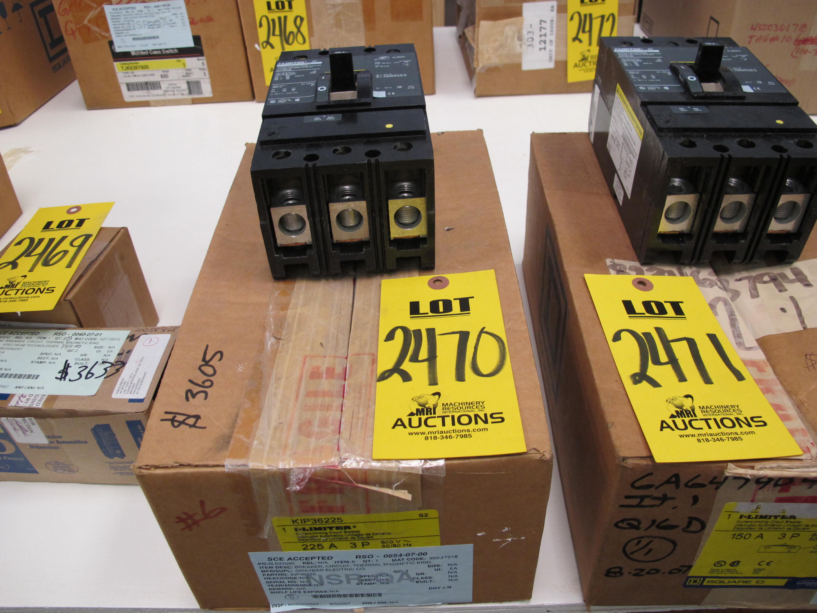 BREAKER, CIRCUIT TYPE, THERMAL MAGNETIC KIND, CURRENT LIMITING OTHER, 225 AMP RATING, 600 VOLT RATING, 3 POLE. PART # KIP36225 (W-44) LOADING & HANDLING FEE $5-